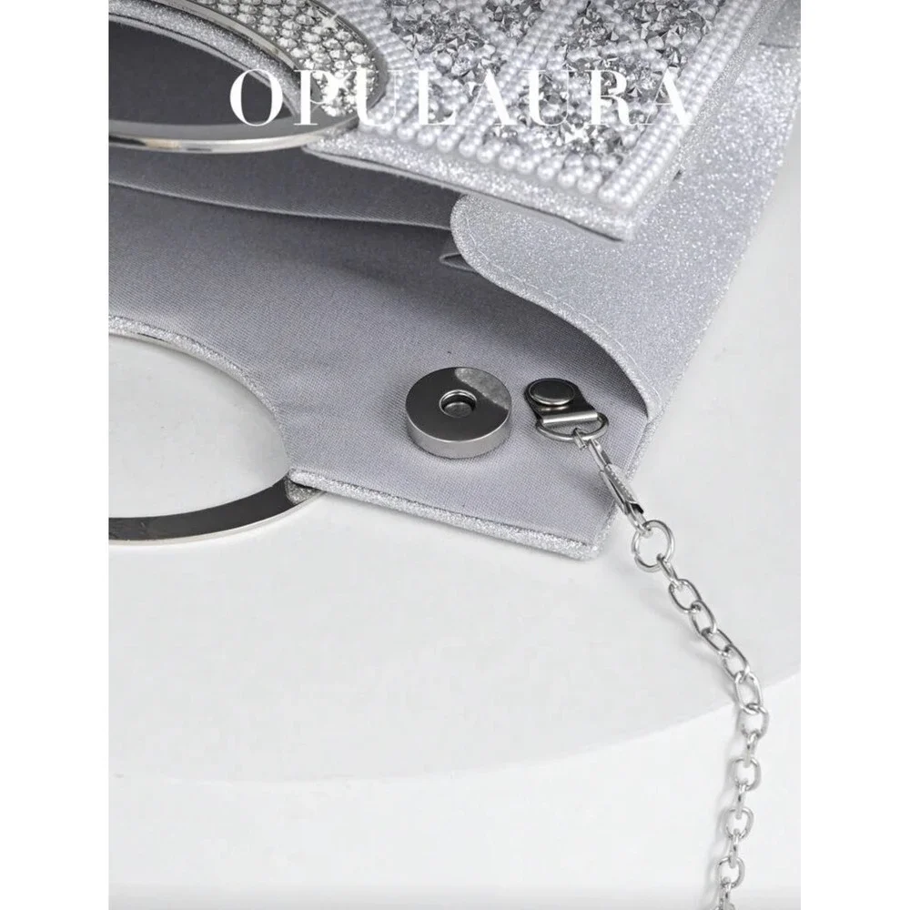 Opulaura Silver Rhinestone Pearl Evening Clutch Bag Wedding‎ Formal Crossbody